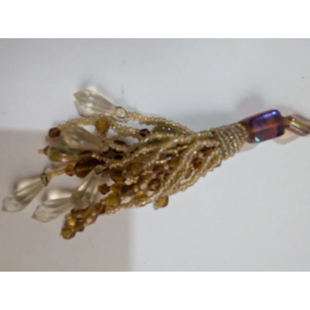 Gold Amber Beaded Tassel‎ Bag Charm Keychain Boho Teardrop Accents 5 Inch